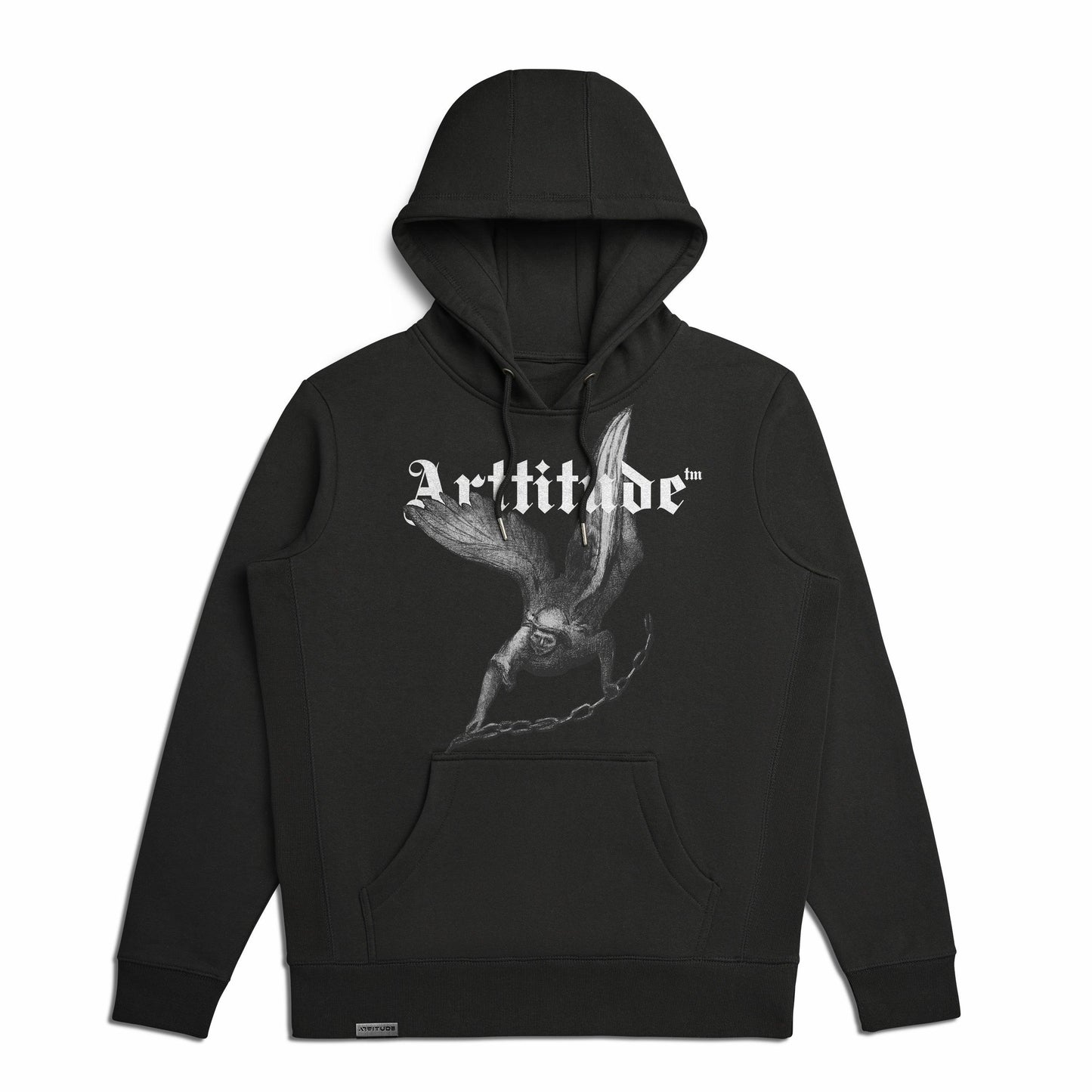A black hooded sweatshirt with 'Artangel' printed in white on the front, featuring a graphic of an angel with spread wings.