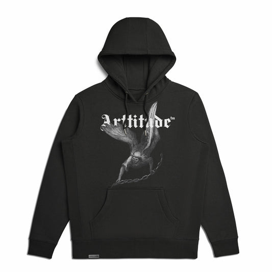A black hooded sweatshirt with 'Artangel' printed in white on the front, featuring a graphic of an angel with spread wings.