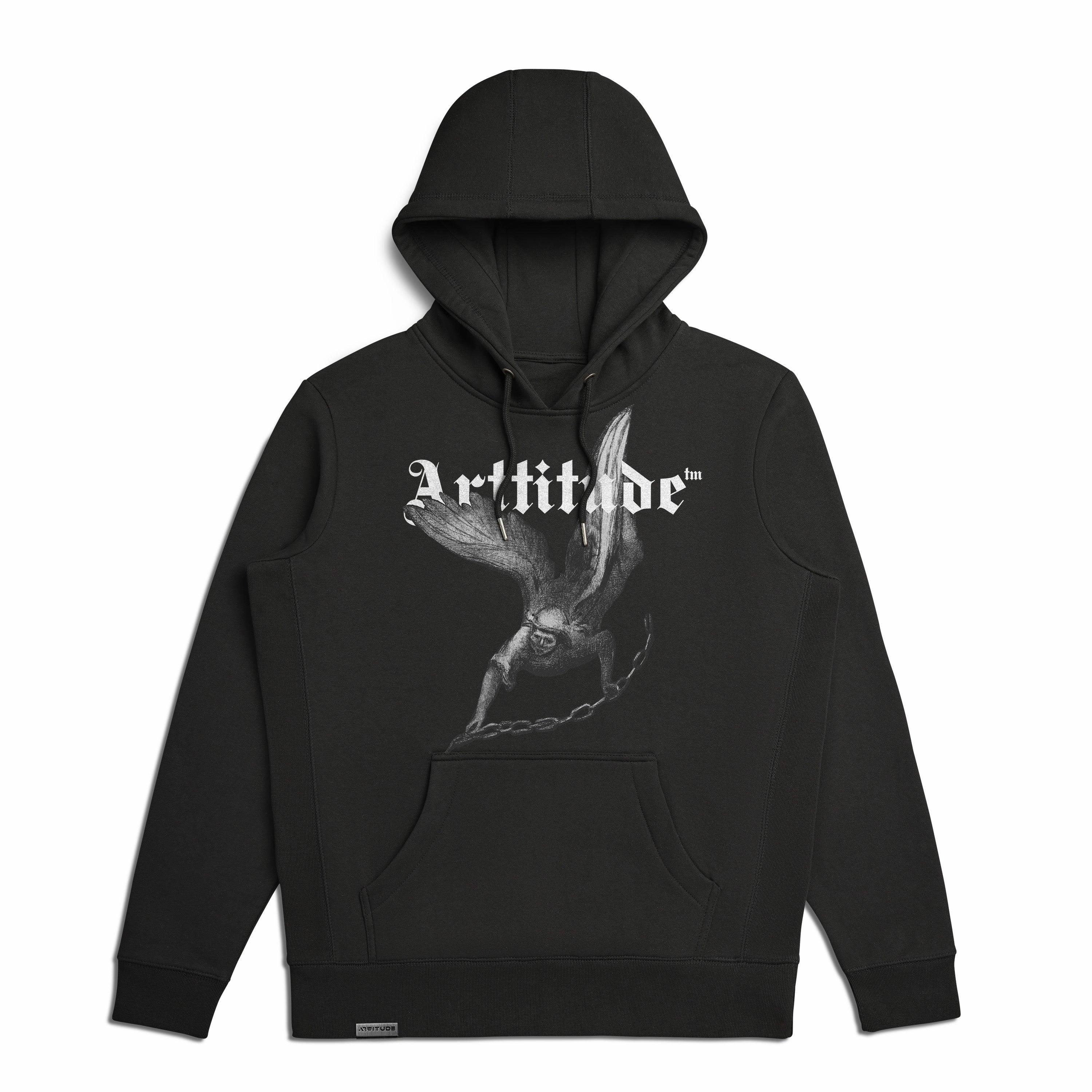 A black hooded sweatshirt with 'Artangel' printed in white on the front, featuring a graphic of an angel with spread wings.